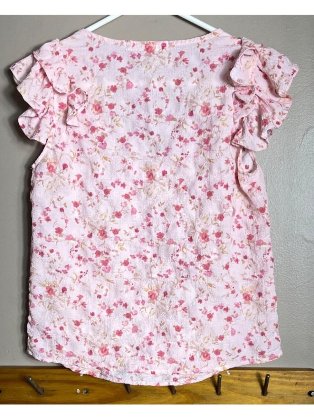 Fair Haven Pink Floral Top Poly Seersucker Fairycore Twee Ruffles Dainty Wom S - Picture 3 of 7